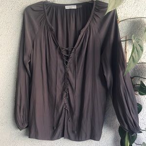RAMY BROOK | Charcoal Grey Patricia Plisse Peasant Boho Long Sleeve Blouse